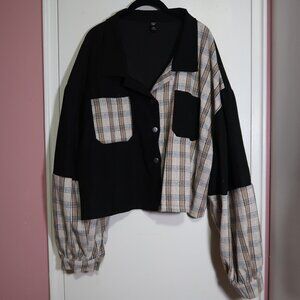 SHEIN EZwear Plus Corduroy Plaid Panel Drop Shoulder Jacket